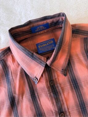 Pendleton Button Down Shirt Orange Plaid Short Sleeve 100% Cotton Mens Large
